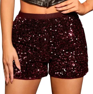 Womens Sequin Shorts Elastic High Waisted Sparkly Straight Legs Shorts 2025 Glitter Sparkle Party Shorts