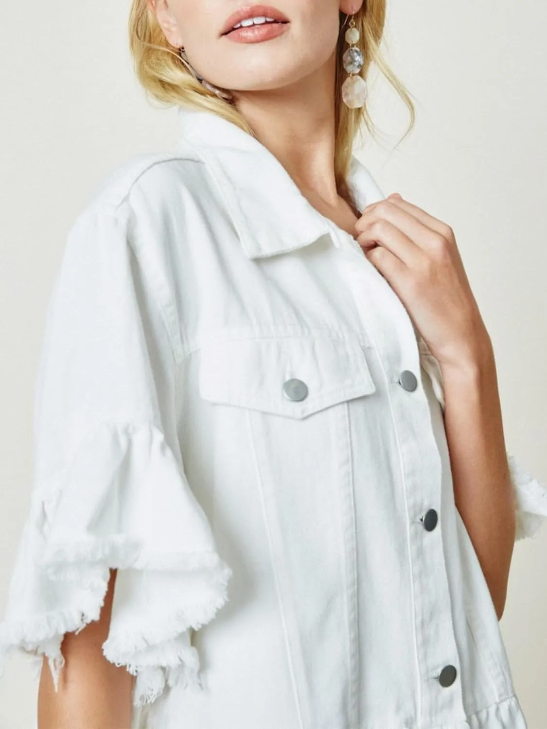 Womens Short Ruffle Trim Sleeves Washed Denim Jacket Button Down Jean Jacket with Ruffle Hem