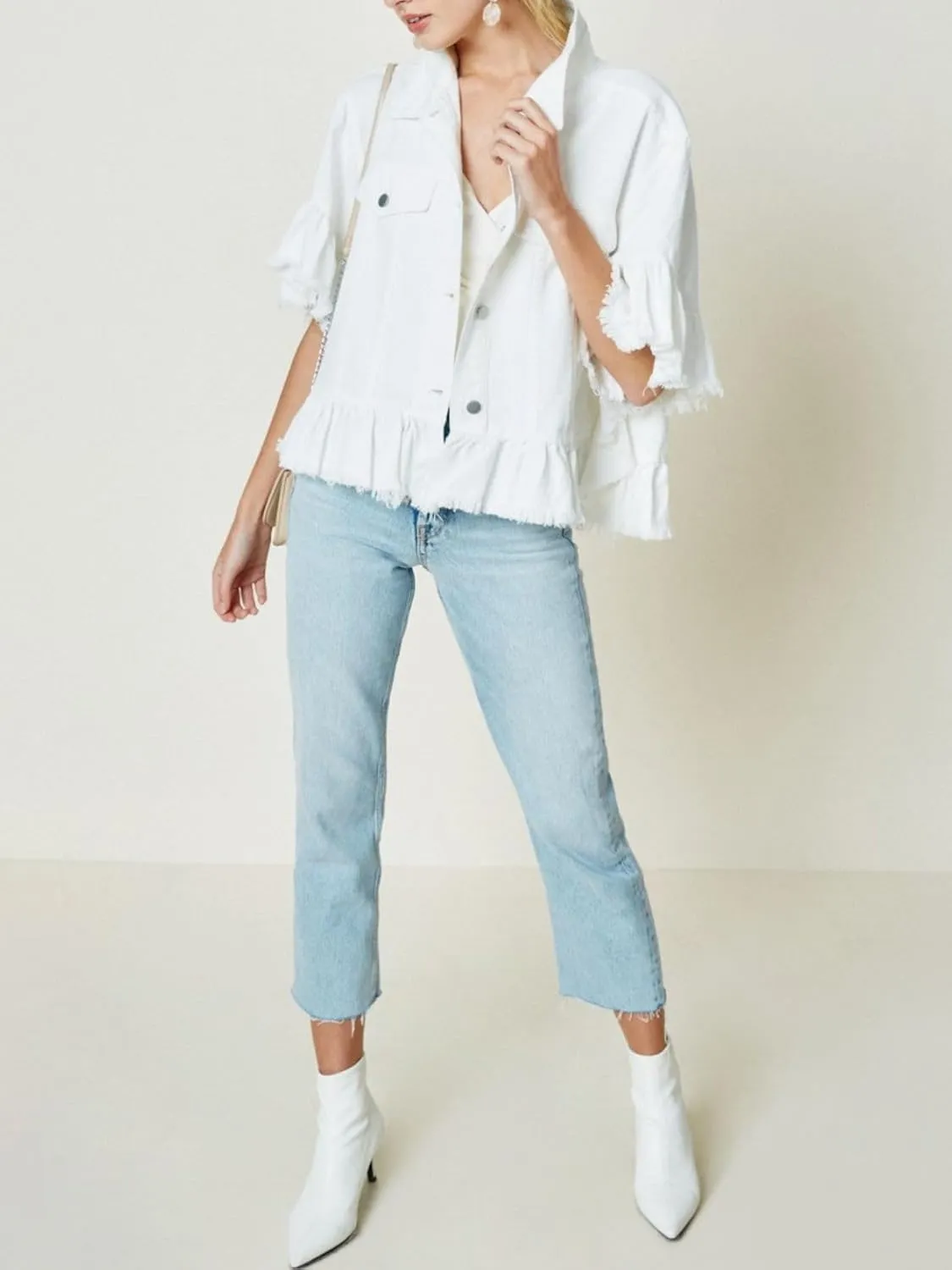 Womens Short Ruffle Trim Sleeves Washed Denim Jacket Button Down Jean Jacket with Ruffle Hem