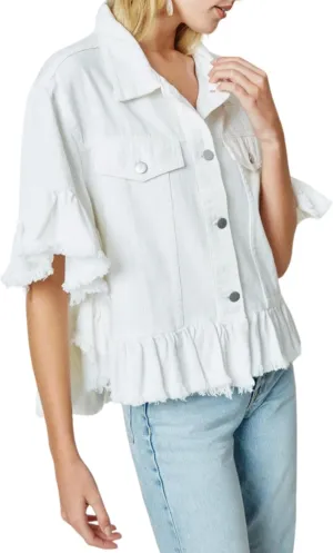 Womens Short Ruffle Trim Sleeves Washed Denim Jacket Button Down Jean Jacket with Ruffle Hem