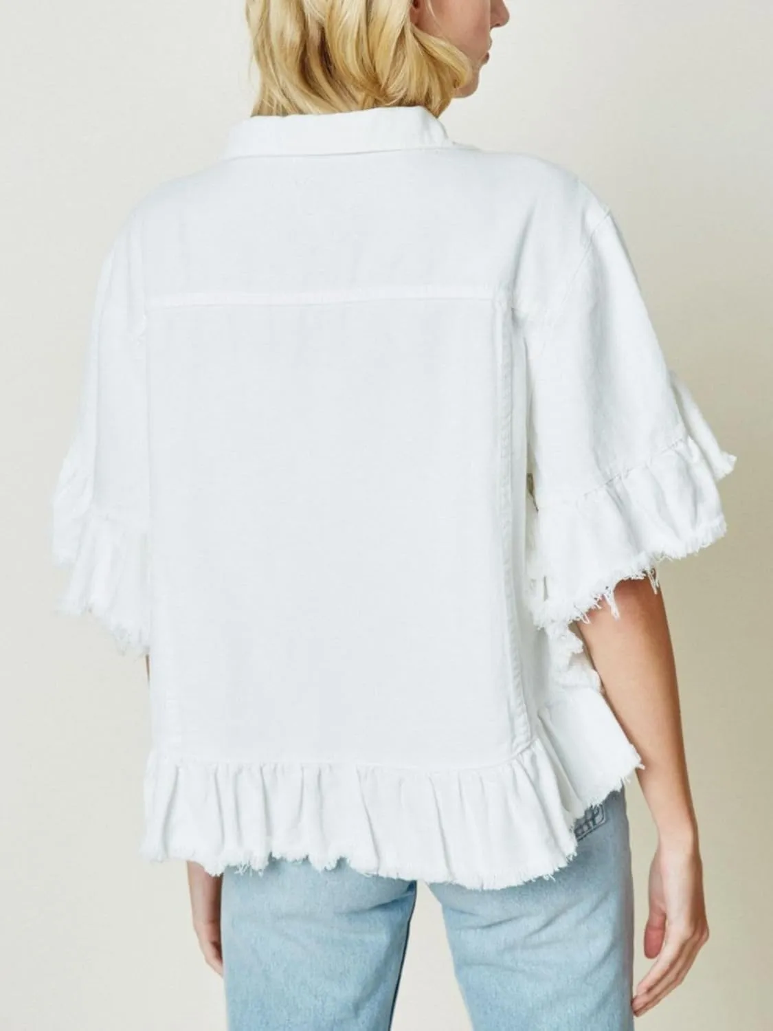 Womens Short Ruffle Trim Sleeves Washed Denim Jacket Button Down Jean Jacket with Ruffle Hem