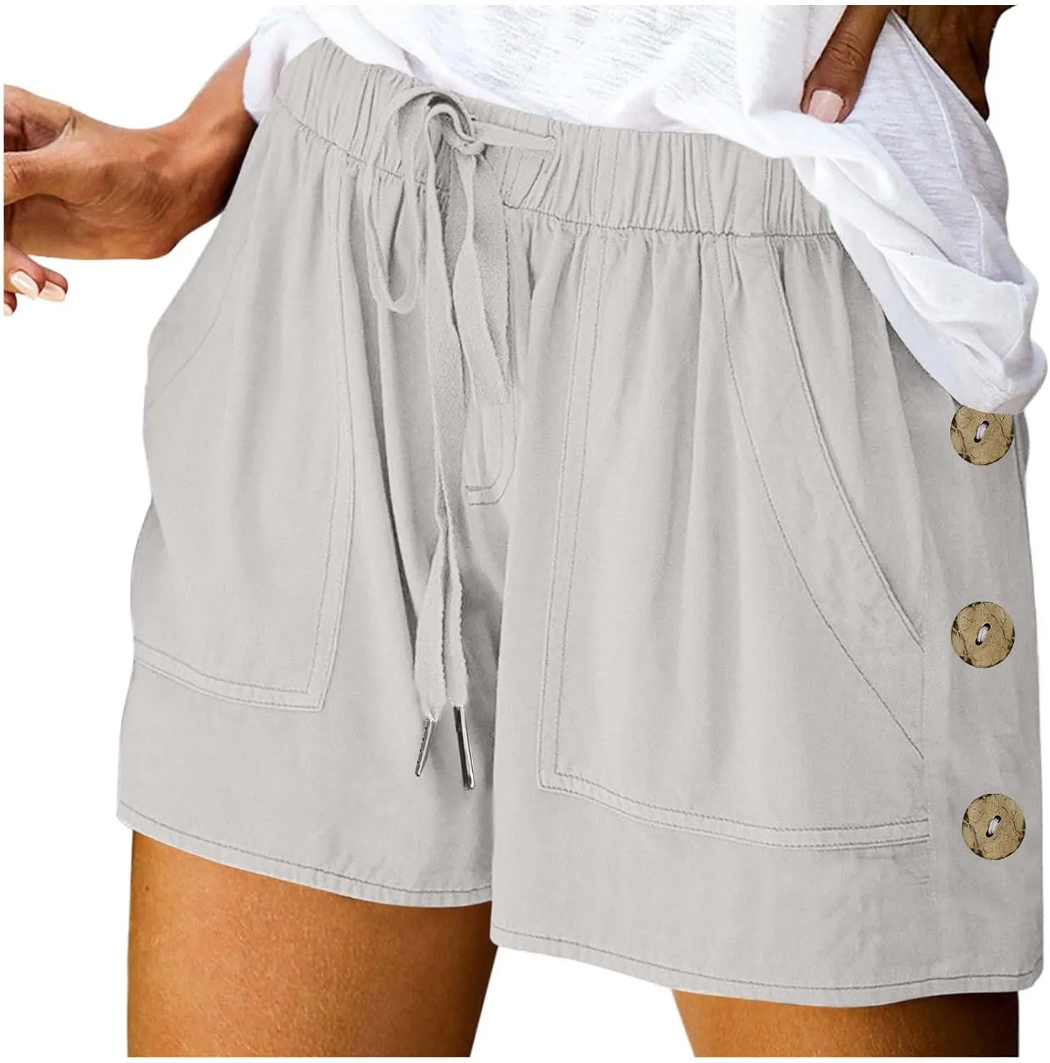 Womens Shorts Comfy Drawstring High Waist Cotton Shorts Solid Lounge Summer Beach Trouser Short with Button Pockets