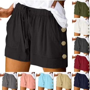 Womens Shorts Comfy Drawstring High Waist Cotton Shorts Solid Lounge Summer Beach Trouser Short with Button Pockets