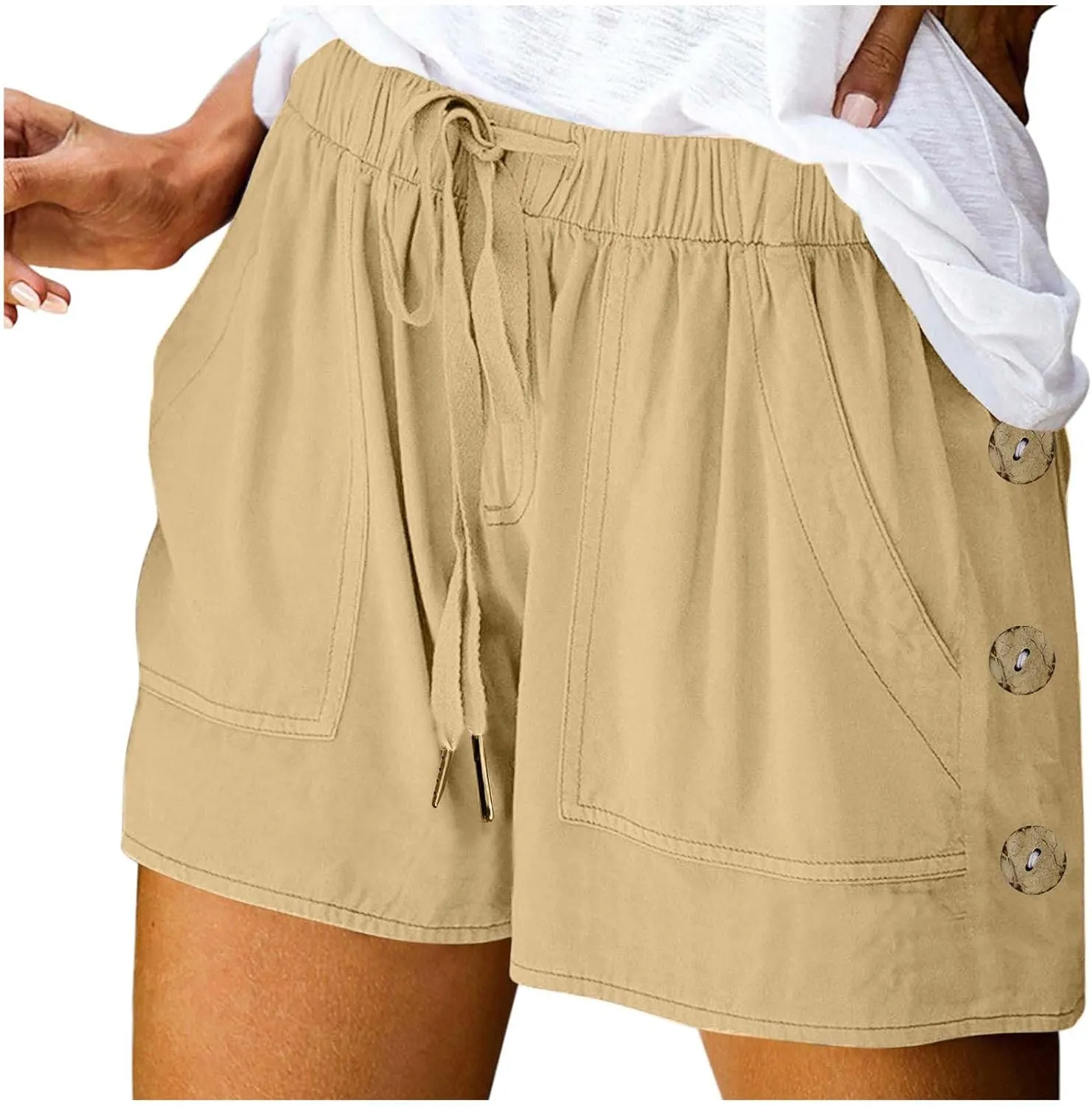 Womens Shorts Comfy Drawstring High Waist Cotton Shorts Solid Lounge Summer Beach Trouser Short with Button Pockets