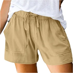 Womens Shorts Comfy Drawstring High Waist Cotton Shorts Solid Lounge Summer Beach Trouser Short with Button Pockets