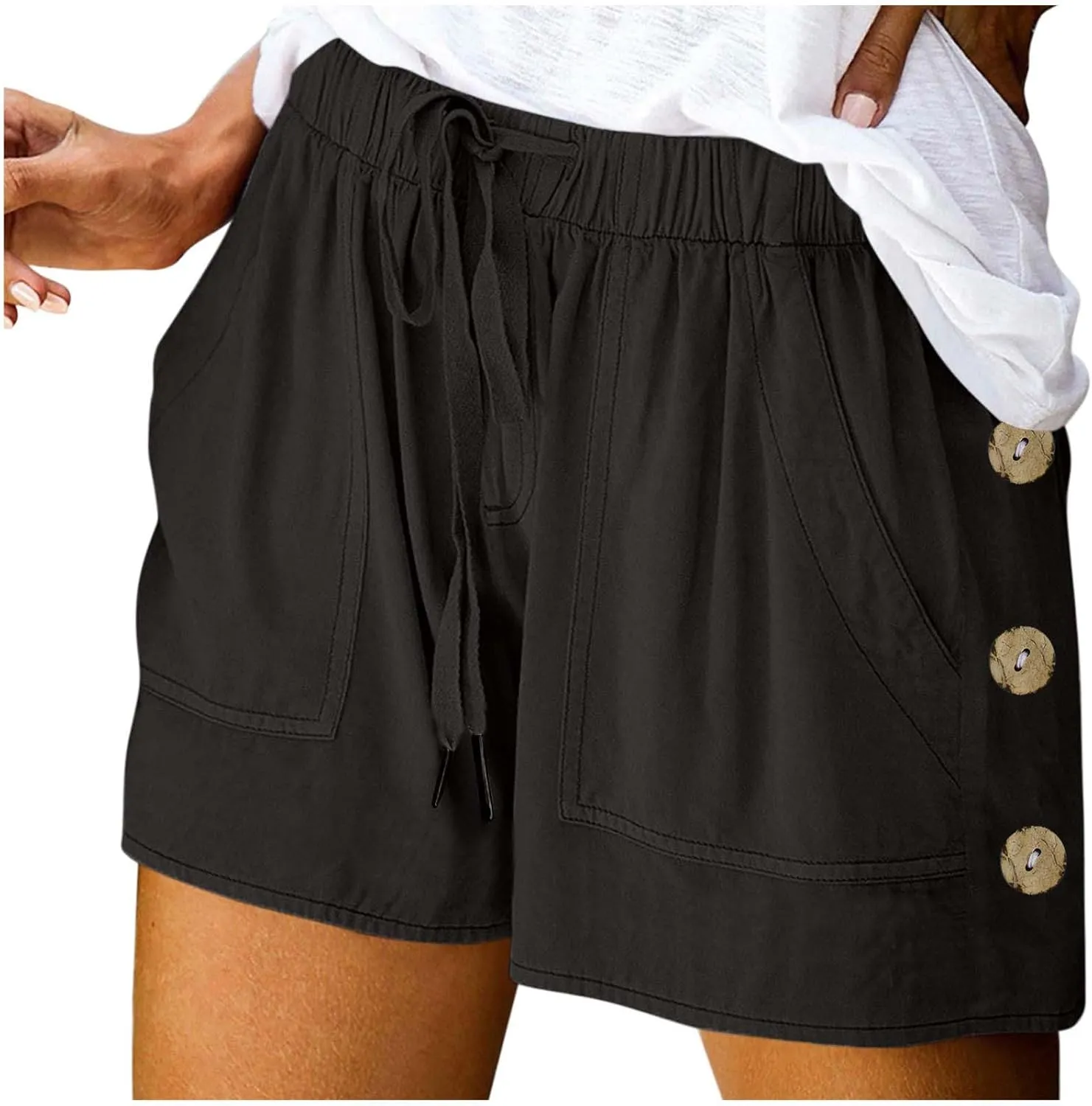 Womens Shorts Comfy Drawstring High Waist Cotton Shorts Solid Lounge Summer Beach Trouser Short with Button Pockets