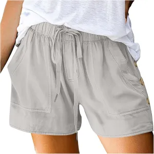 Womens Shorts Comfy Drawstring High Waist Cotton Shorts Solid Lounge Summer Beach Trouser Short with Button Pockets