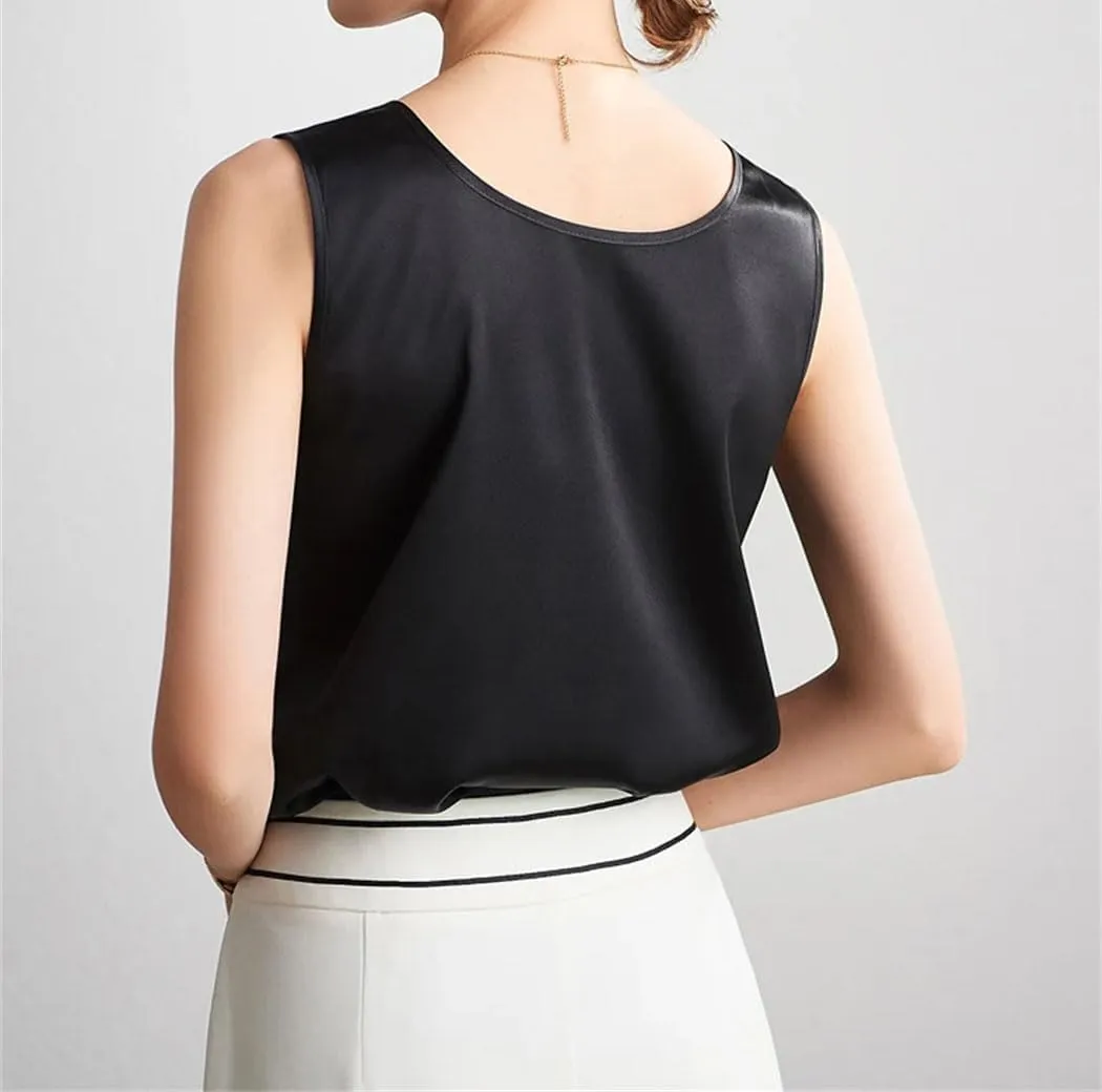 Women's Silk Satin Summer Camisole O-Neck Sleeveless Tank Dressy Casual Basic Top