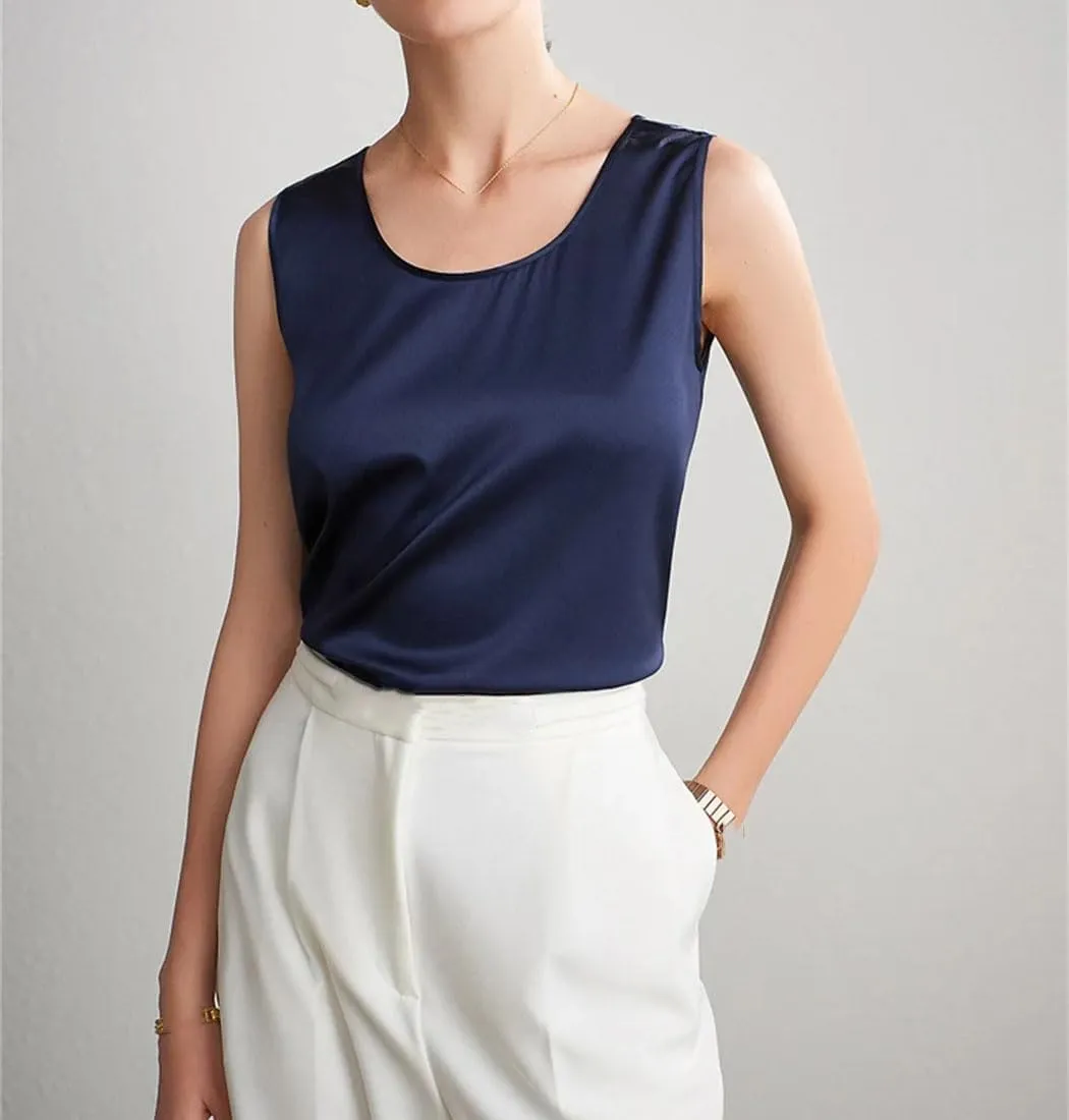 Women's Silk Satin Summer Camisole O-Neck Sleeveless Tank Dressy Casual Basic Top