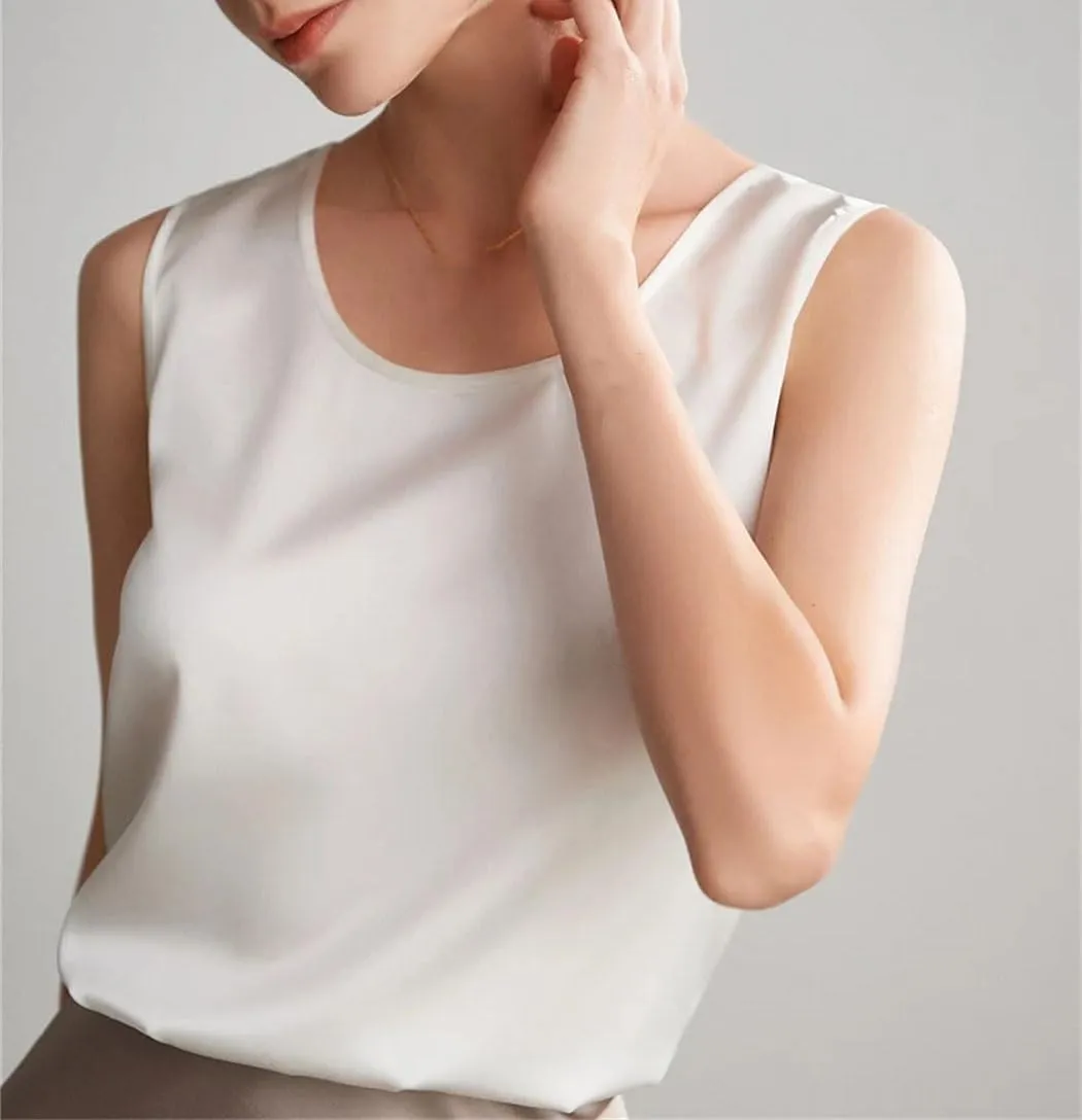 Women's Silk Satin Summer Camisole O-Neck Sleeveless Tank Dressy Casual Basic Top