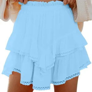 Women's Skirt Solid Color Mesh Layered Stylish Mini Shorts Elegant High Waisted Casual Skirt with Sheer Overlay