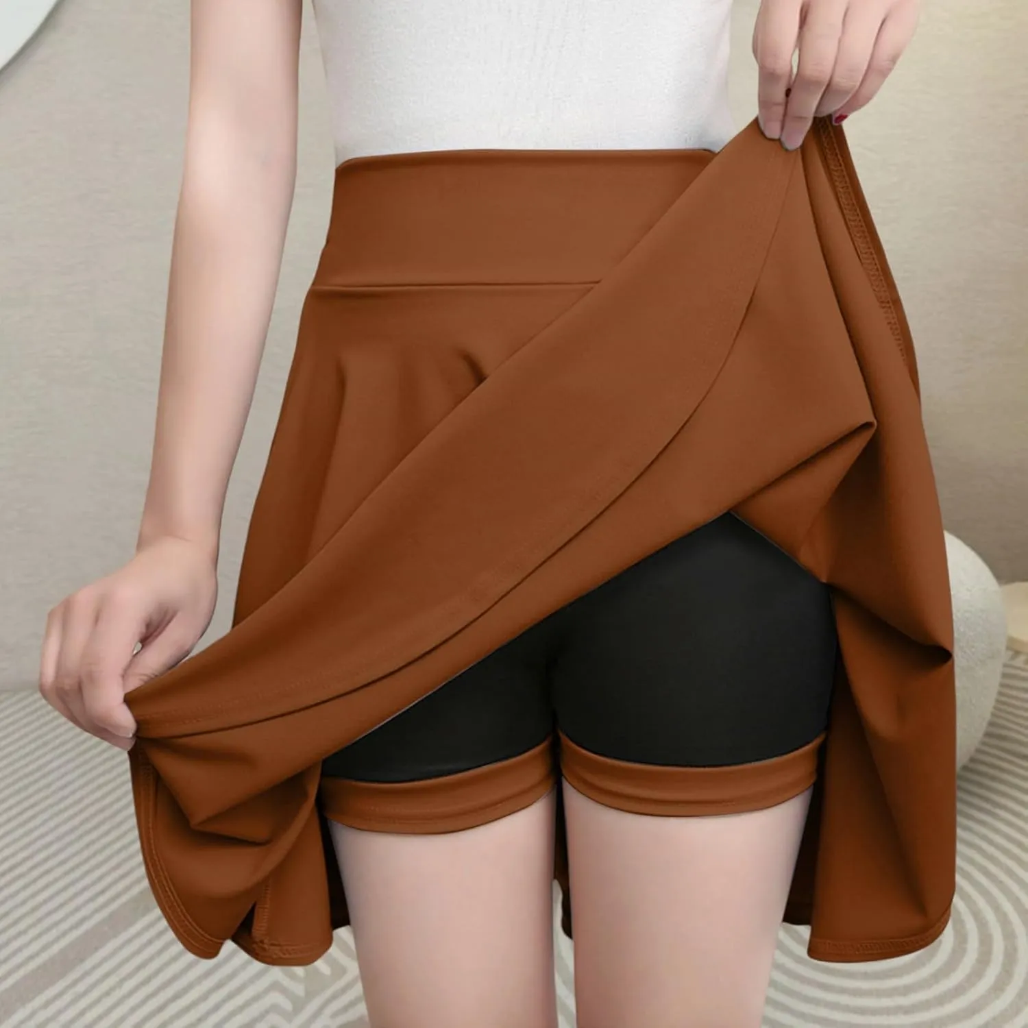 Women's Skort with Built-in Shorts 2025 Fashion Casual Stretchy Pleated High Waisted Flared Mini Tennis Skater Skirt
