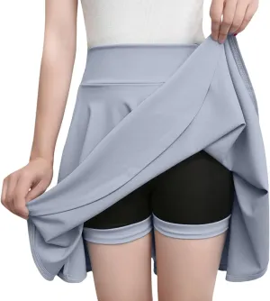 Women's Skort with Built-in Shorts 2025 Fashion Casual Stretchy Pleated High Waisted Flared Mini Tennis Skater Skirt
