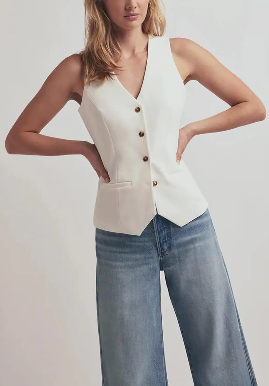 Women's Solid Vest Sleeveless 4 Button V Neck Waistcoat Casual Office Crop Top