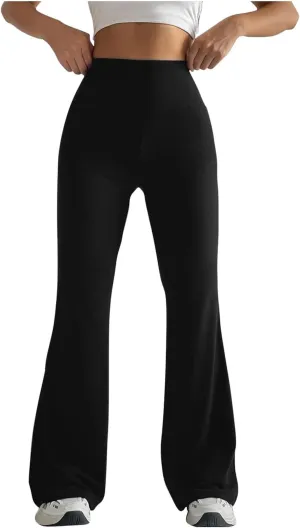 Womens Stretch High Waist Leggings Regular Fitted Solid Flared Pants Active Workout Yoga Pants Seamless