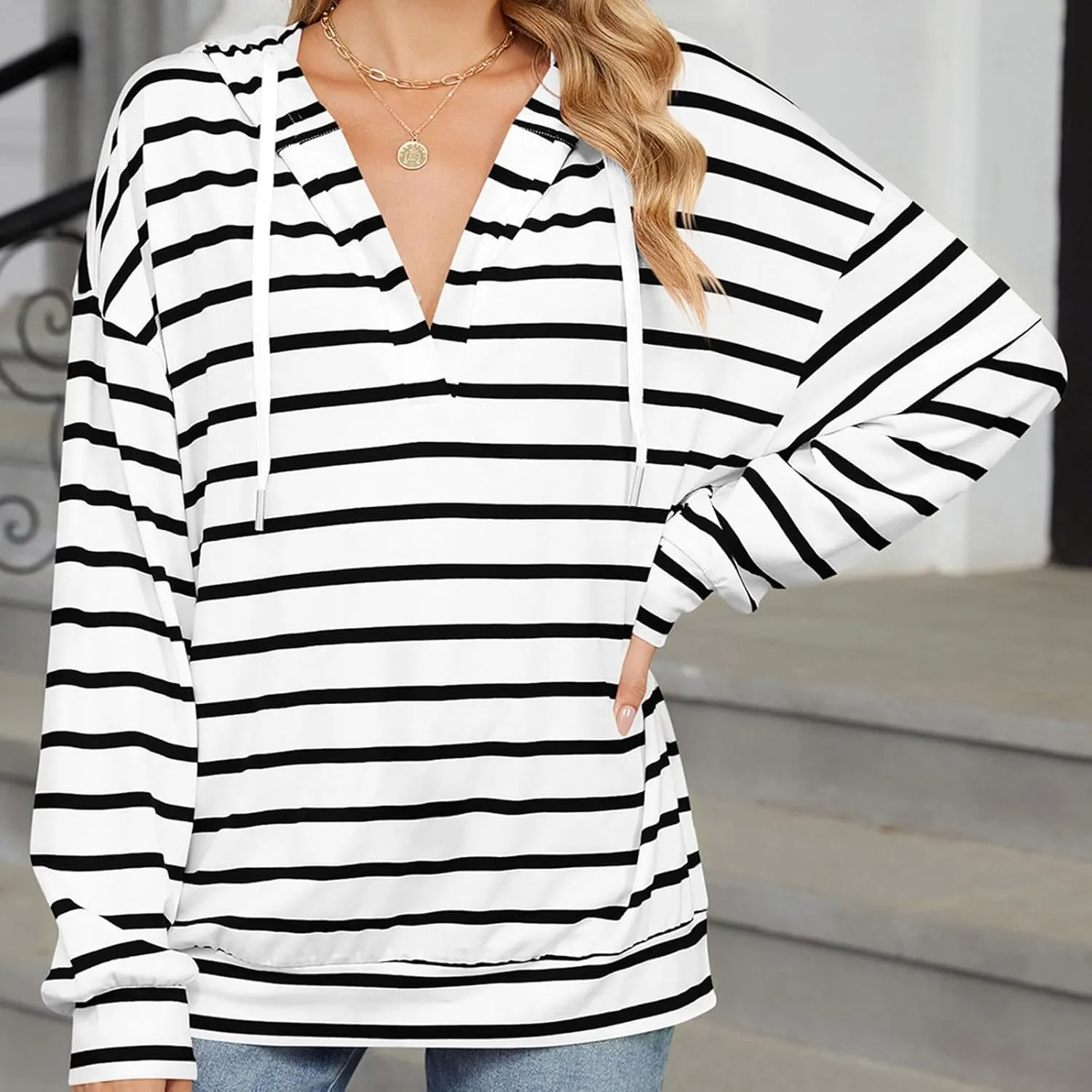 Women's Striped Hoodies V Neck Casual Casual Sweatshirts Long Sleeve Fall Tops Comfy Drawstring Pullover Sweatshirt