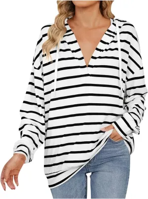 Women's Striped Hoodies V Neck Casual Casual Sweatshirts Long Sleeve Fall Tops Comfy Drawstring Pullover Sweatshirt