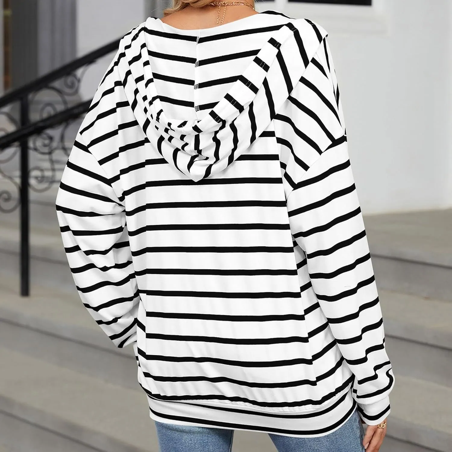 Women's Striped Hoodies V Neck Casual Casual Sweatshirts Long Sleeve Fall Tops Comfy Drawstring Pullover Sweatshirt