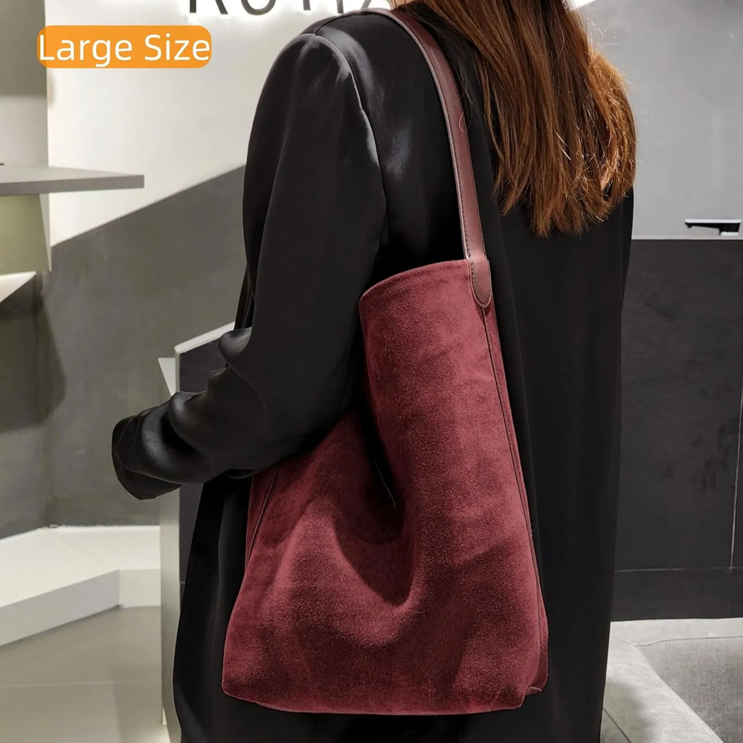 Women's Suede Leopard Bucket Shoulder Bag Genuine Leather Handbag Top Handle Tote