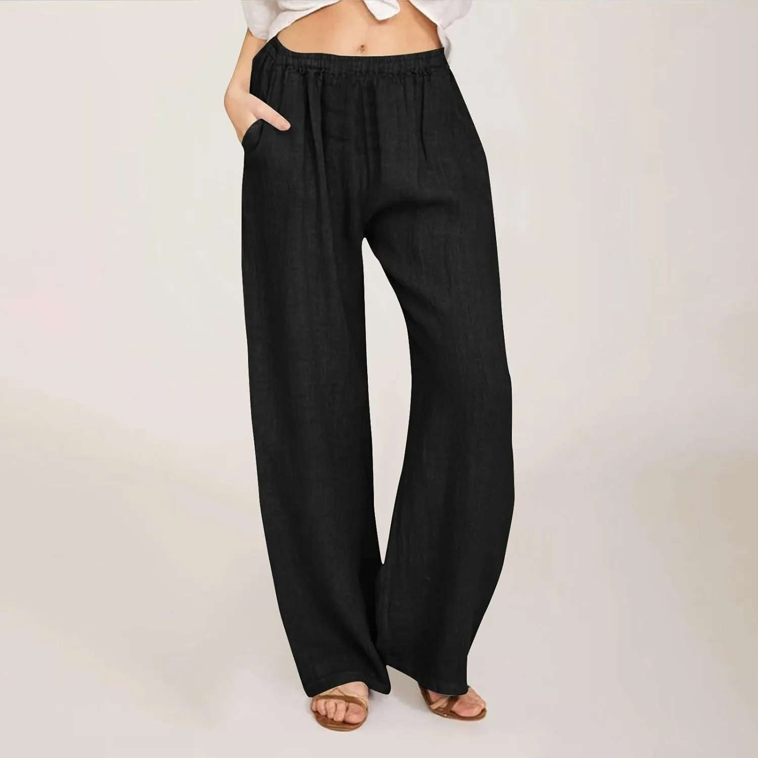 Womens Summer Casual Linen Pants 2025 Fashion High Waist Loose Fit Drawstring Trousers Palazzo Pants with Pockets