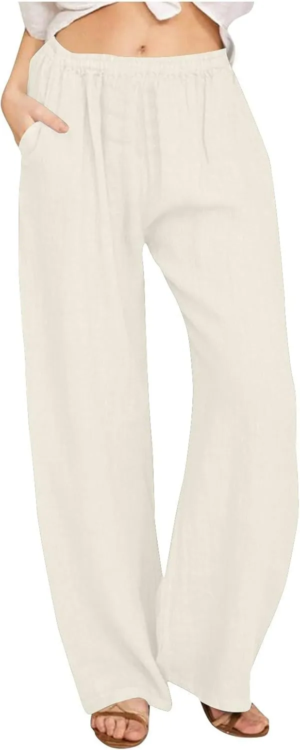 Womens Summer Casual Linen Pants 2025 Fashion High Waist Loose Fit Drawstring Trousers Palazzo Pants with Pockets