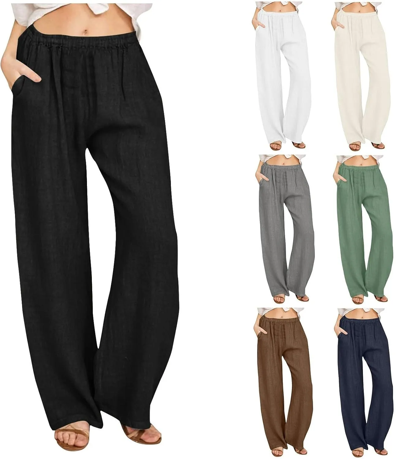 Womens Summer Casual Linen Pants 2025 Fashion High Waist Loose Fit Drawstring Trousers Palazzo Pants with Pockets