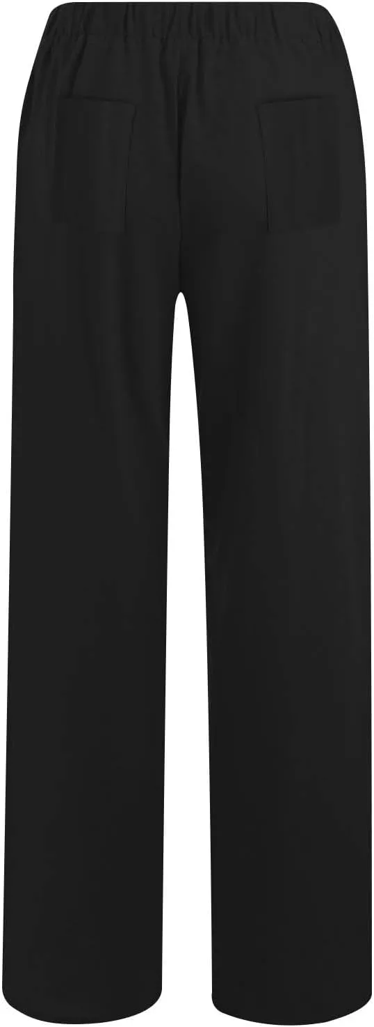 Womens Summer Casual Linen Pants 2025 Fashion High Waist Loose Fit Drawstring Trousers Palazzo Pants with Pockets
