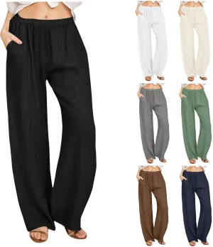 Womens Summer Casual Linen Pants 2025 Fashion High Waist Loose Fit Drawstring Trousers Palazzo Pants with Pockets