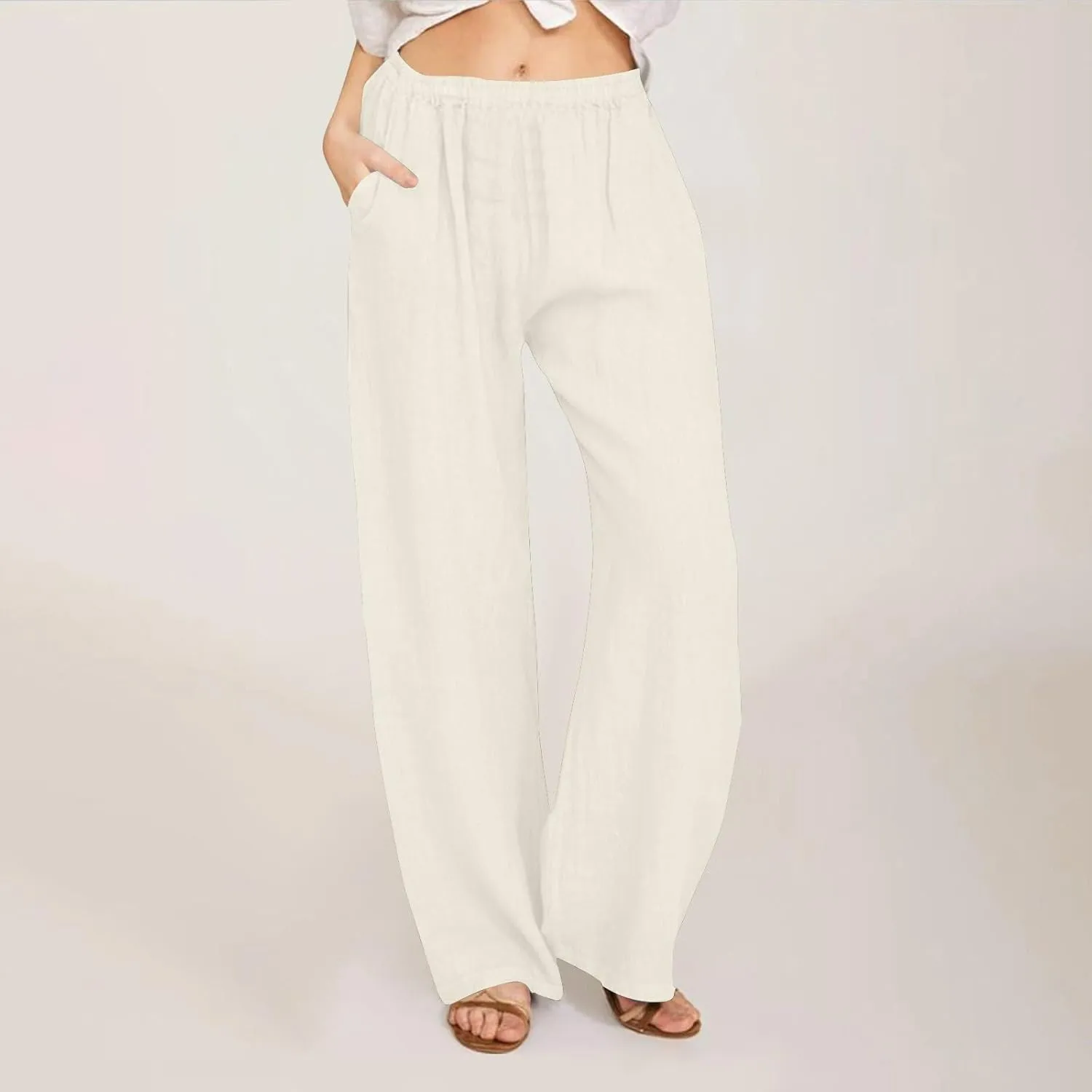 Womens Summer Casual Linen Pants 2025 Fashion High Waist Loose Fit Drawstring Trousers Palazzo Pants with Pockets