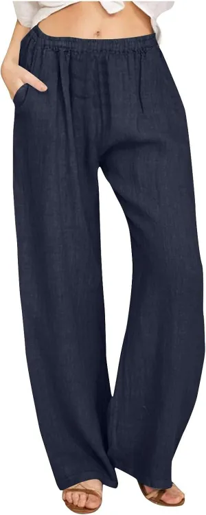 Womens Summer Casual Linen Pants 2025 Fashion High Waist Loose Fit Drawstring Trousers Palazzo Pants with Pockets