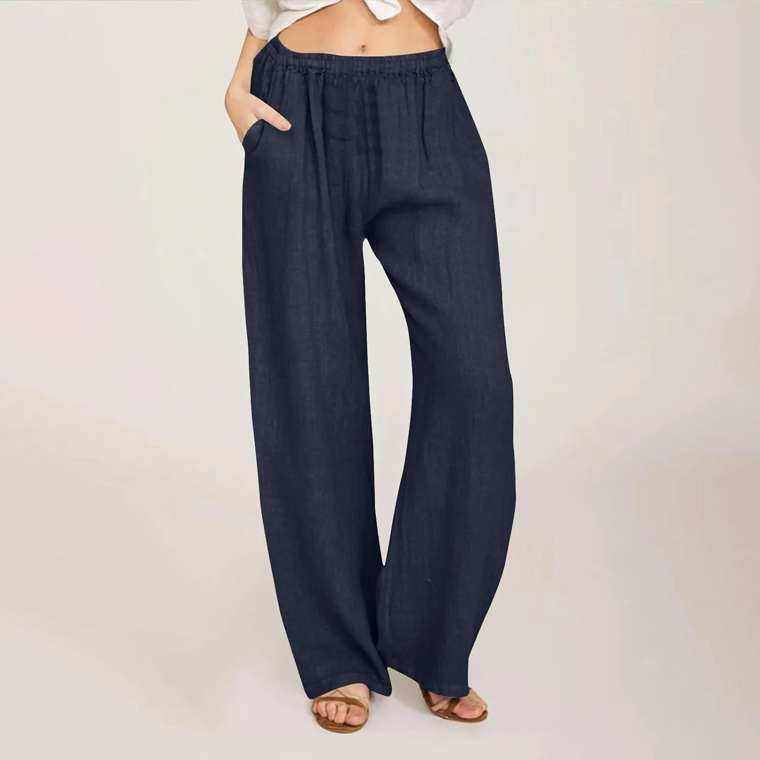 Womens Summer Casual Linen Pants 2025 Fashion High Waist Loose Fit Drawstring Trousers Palazzo Pants with Pockets