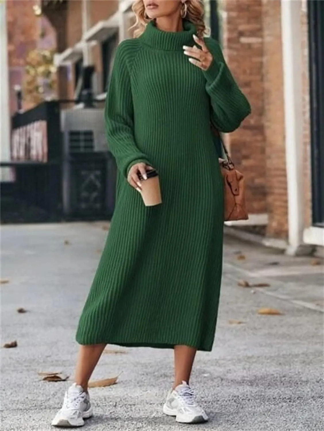 Women's Turtleneck Sweater Midi Dress Long Sleeve Ribbed Knit Maxi Pullover Sweater Dress Loose Fit Fall Knit Dress