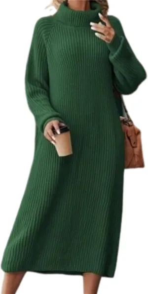 Women's Turtleneck Sweater Midi Dress Long Sleeve Ribbed Knit Maxi Pullover Sweater Dress Loose Fit Fall Knit Dress