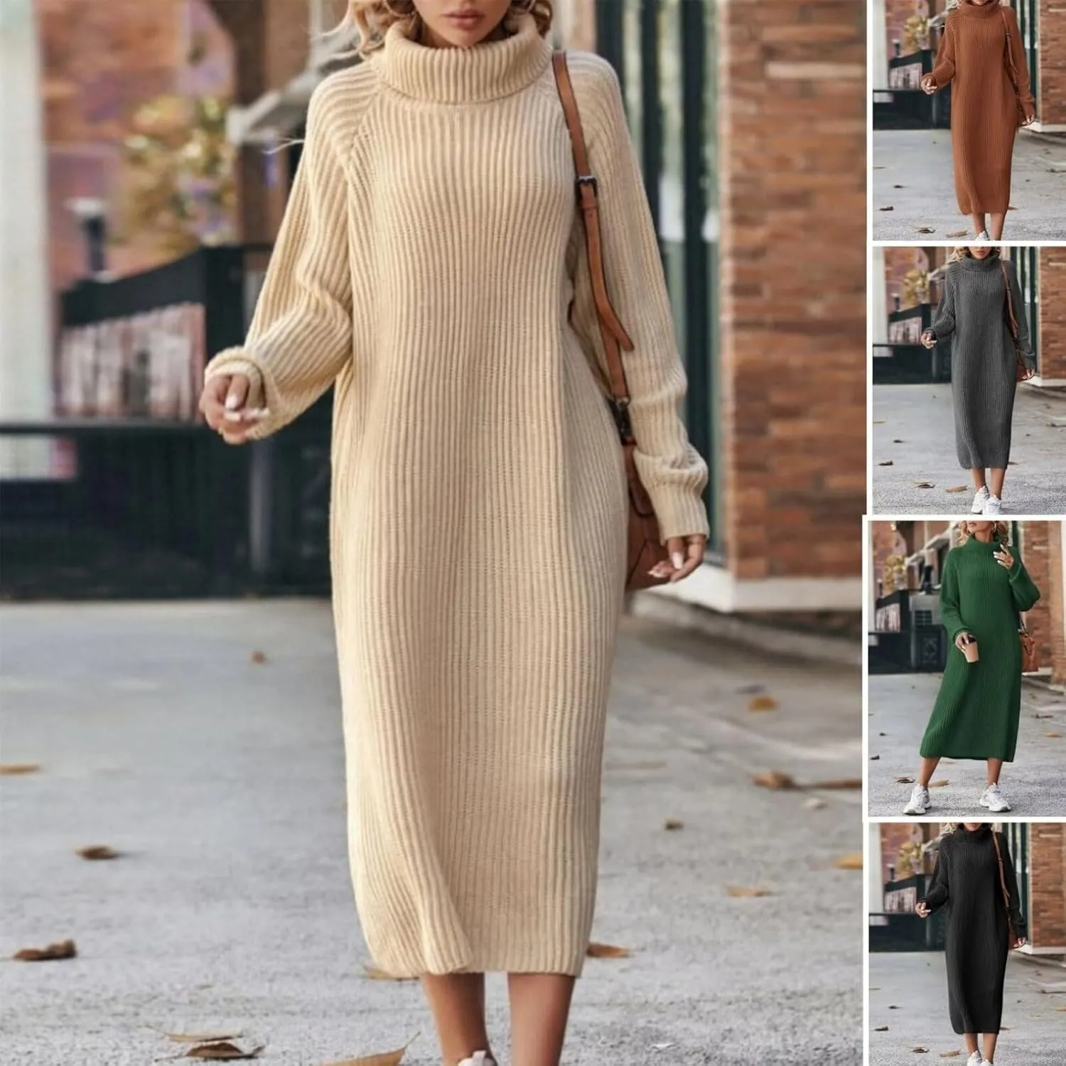 Women's Turtleneck Sweater Midi Dress Long Sleeve Ribbed Knit Maxi Pullover Sweater Dress Loose Fit Fall Knit Dress