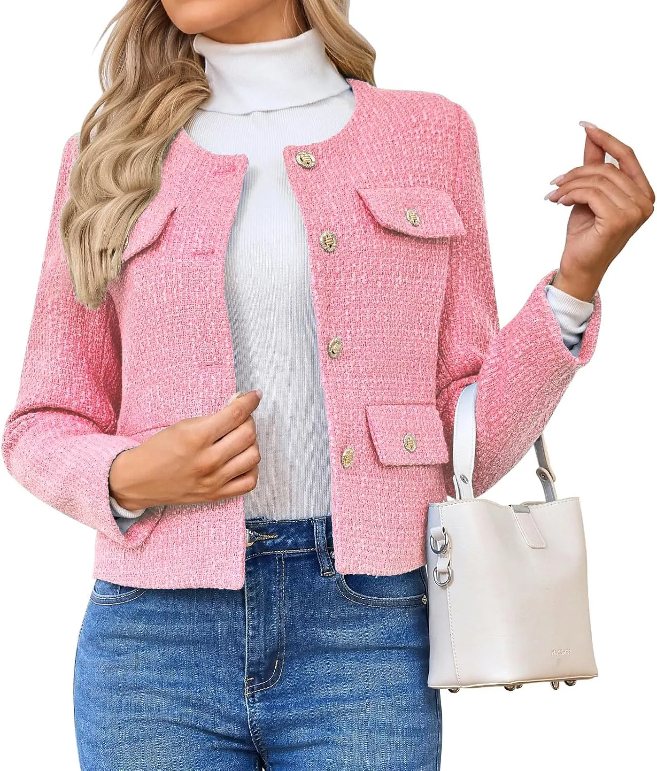Women's Tweed Blazers Jackets Casual Long Sleeve Button Down Business Short Casual Cropped Coats