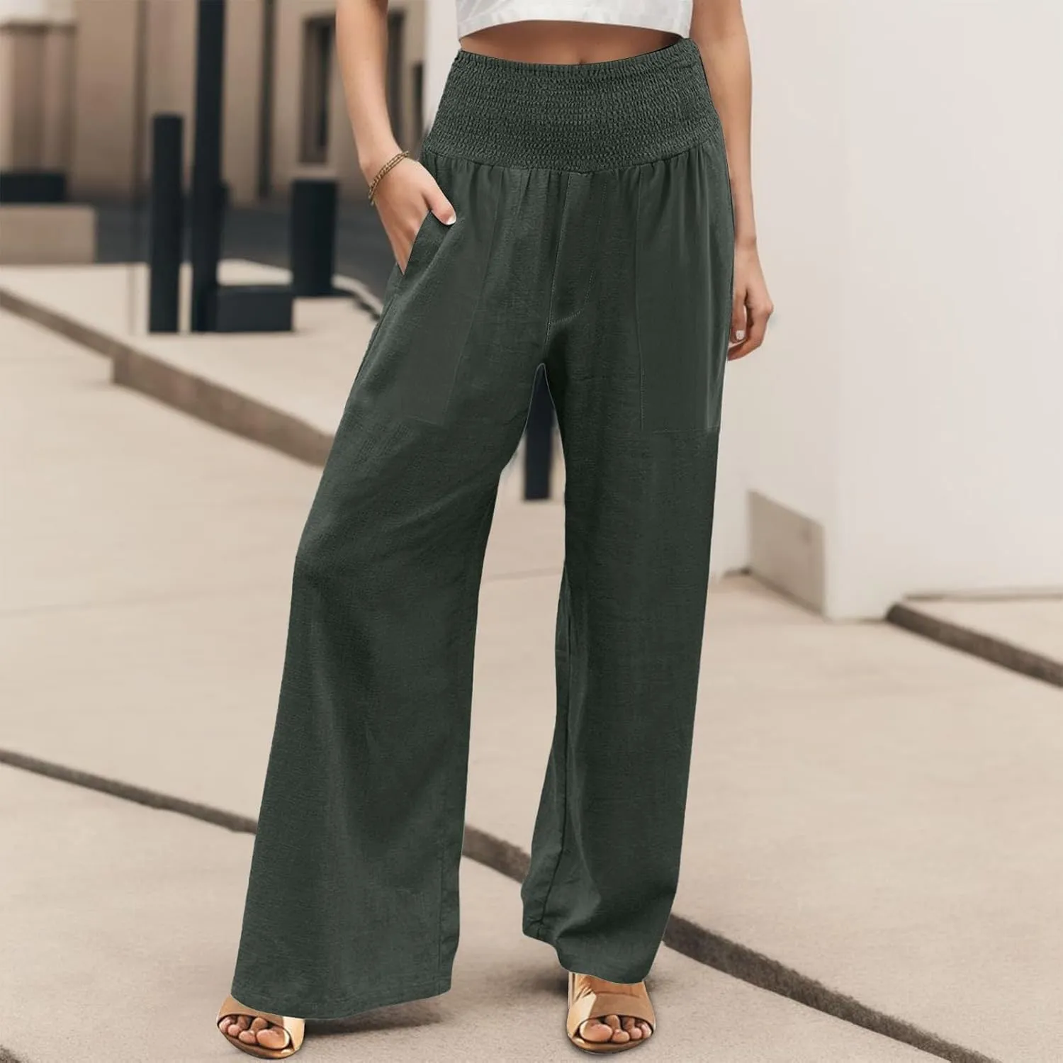 Women's Wide Leg Pants Summer Outfits Drawstring Elastic Waist Pants High Waisted Trousers Casual Beach