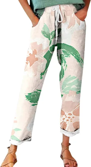 Women's Wide Leg Pants Summer Outfits Drawstring Elastic Waist Pants High Waisted Trousers Casual Beach