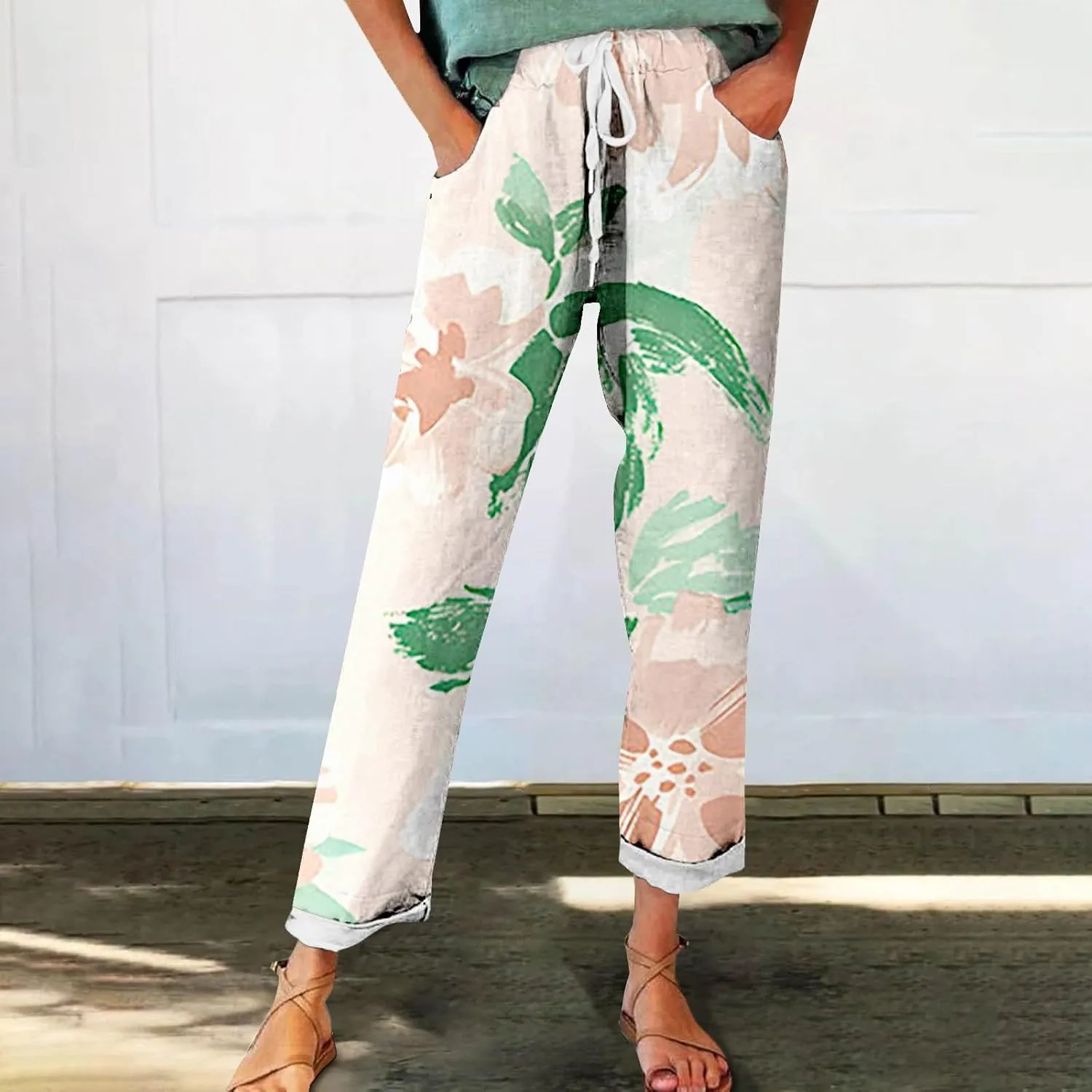 Women's Wide Leg Pants Summer Outfits Drawstring Elastic Waist Pants High Waisted Trousers Casual Beach