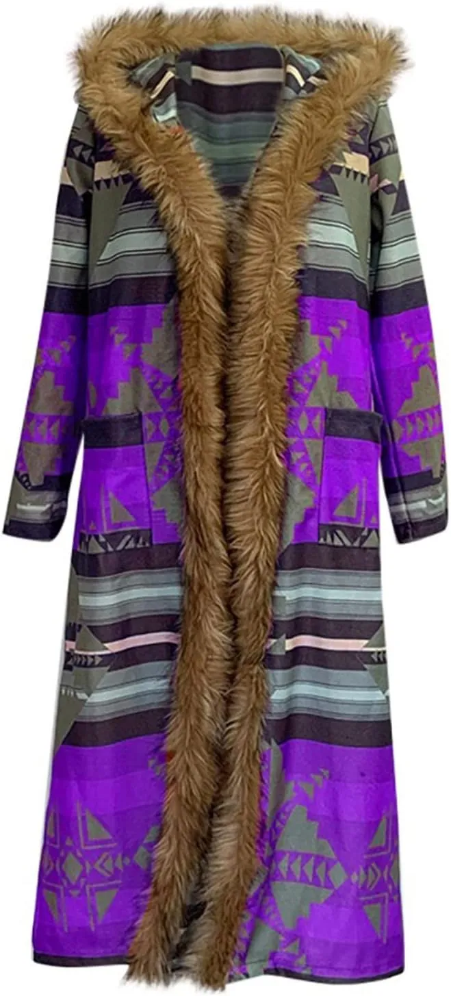 Womens Winter Long Faux Fur Jacket Open Front Coat Vintage Western Print Fuzzy Hooded Cardigan Jackets Warm Outerwear