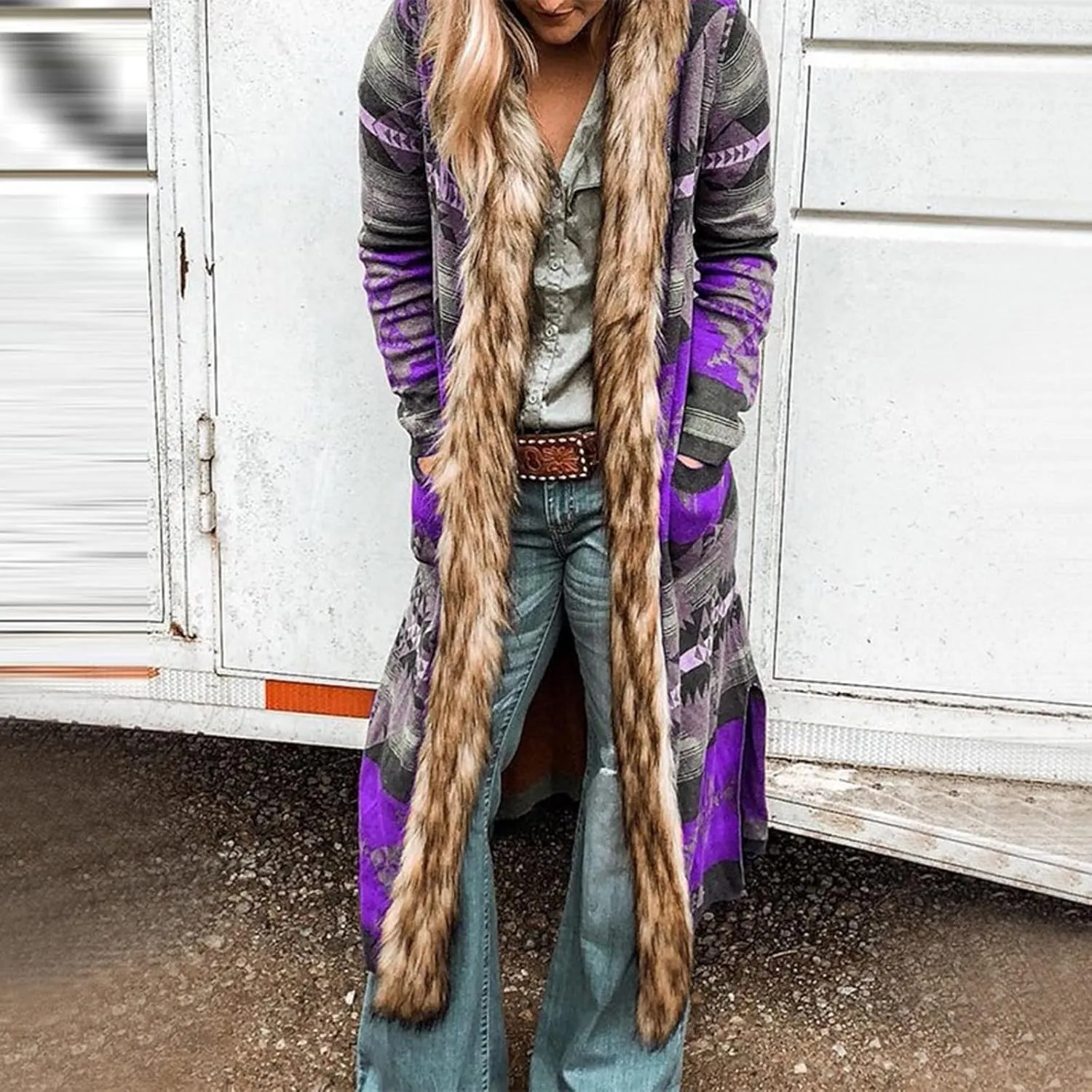 Womens Winter Long Faux Fur Jacket Open Front Coat Vintage Western Print Fuzzy Hooded Cardigan Jackets Warm Outerwear