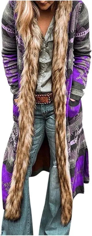 Womens Winter Long Faux Fur Jacket Open Front Coat Vintage Western Print Fuzzy Hooded Cardigan Jackets Warm Outerwear