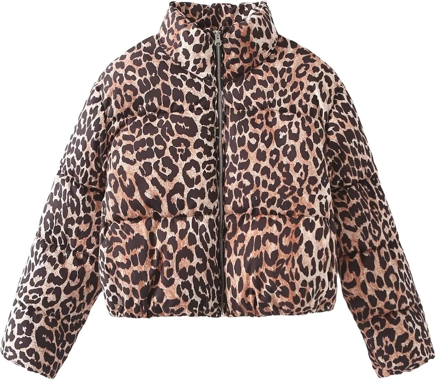 Womens Winter Puffer Jacket Leopard Print Long Sleeve Zip Up Cropped Down Coat Fashion Warm Y2K Quilted Outwears