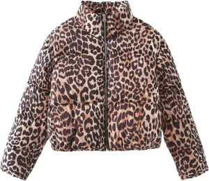 Womens Winter Puffer Jacket Leopard Print Long Sleeve Zip Up Cropped Down Coat Fashion Warm Y2K Quilted Outwears