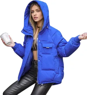 Women's Winter Short Cotton Coat with Multiple Pockets Hooded Thicken Warm Coat Zip Up Outerwear