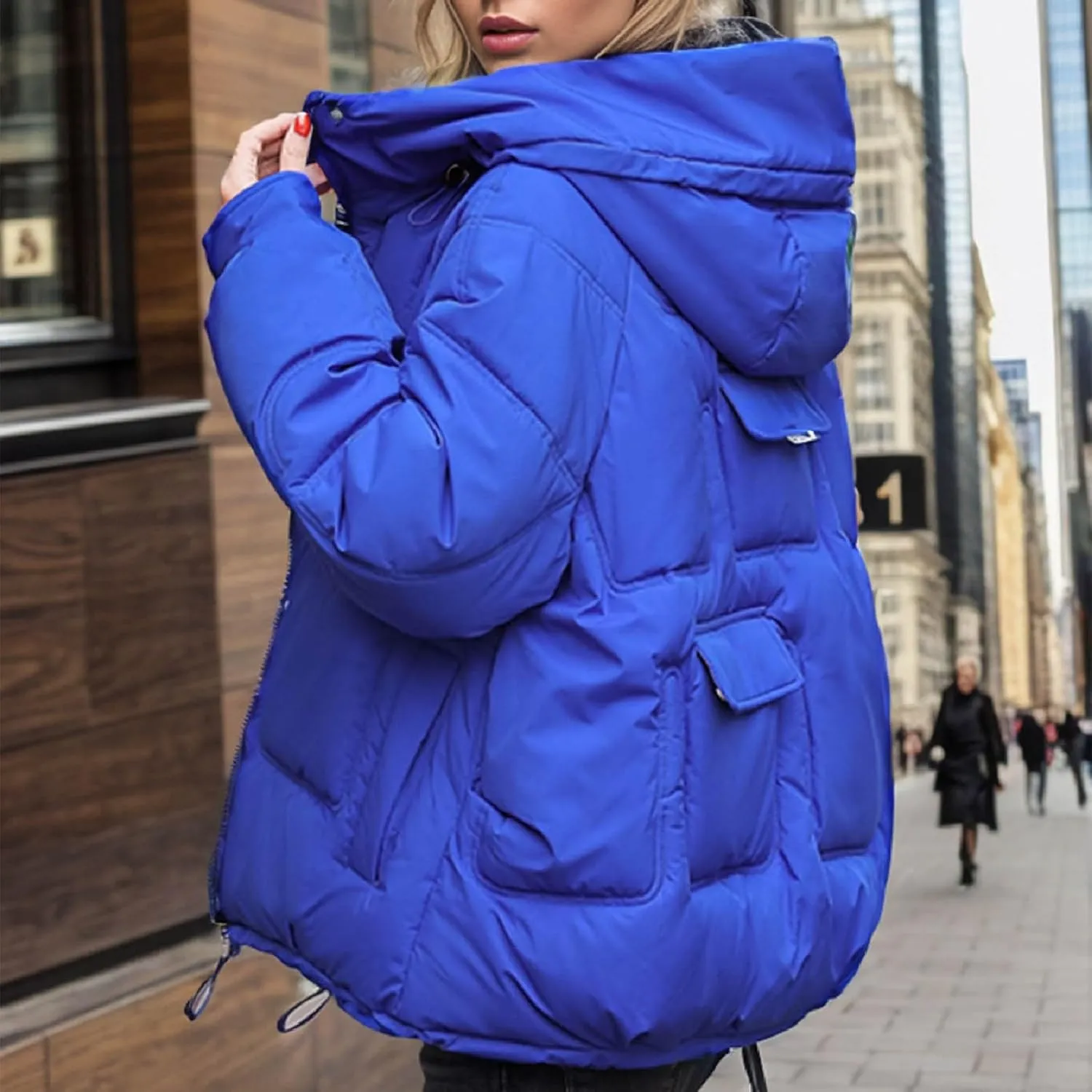 Women's Winter Short Cotton Coat with Multiple Pockets Hooded Thicken Warm Coat Zip Up Outerwear