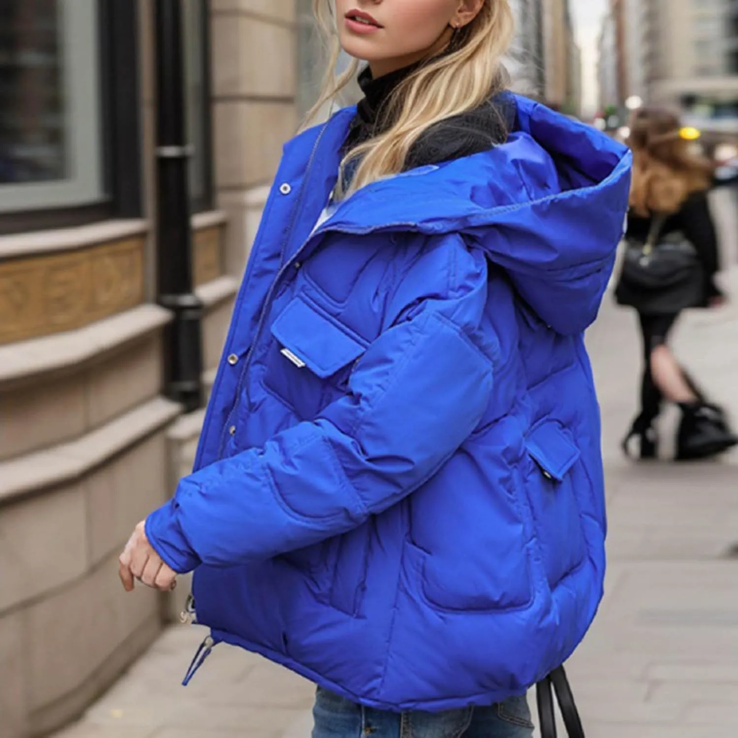 Women's Winter Short Cotton Coat with Multiple Pockets Hooded Thicken Warm Coat Zip Up Outerwear