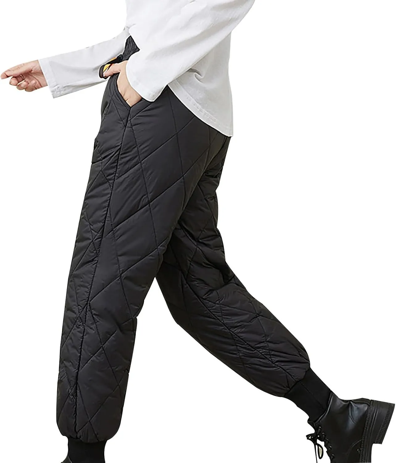 Womens Winter Warm Padded Down Cotton Pants Elastic High Waist Quilted Sweatpants Lightweight Snow Ski Trousers