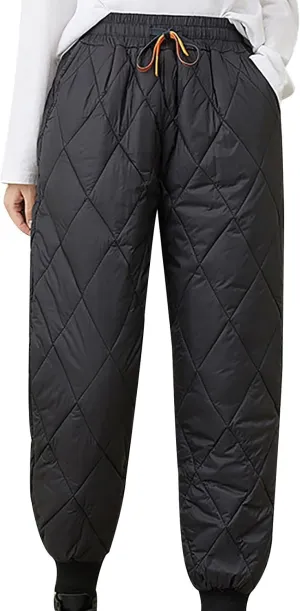 Womens Winter Warm Padded Down Cotton Pants Elastic High Waist Quilted Sweatpants Lightweight Snow Ski Trousers