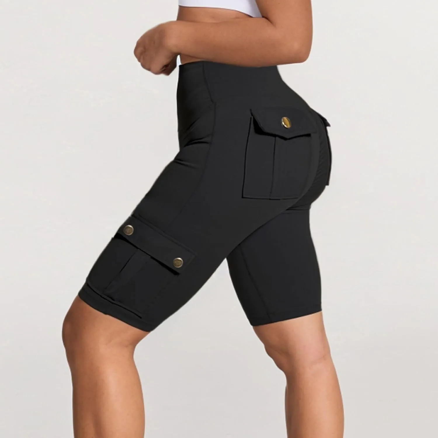 Womens Yoga Shorts Tummy Control Butt Lifting Shorts Casual Cargo Shorts High Waist Bermuda Shorts with Pockets