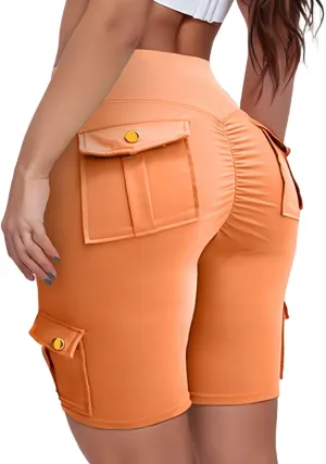 Womens Yoga Shorts Tummy Control Butt Lifting Shorts Casual Cargo Shorts High Waist Bermuda Shorts with Pockets